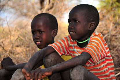 Ellos son Arupe (8 años) y Achore (11). Viven con sus abuelos debido a que sus padres se fueron de casa para buscar un empleo temporal y ayudar así a la familia mientras continúe la sequía. Residen en el área de Lokis en el Condado de Baringo (Kenia), una de las áreas más afectadas por la hambruna que asola África.
