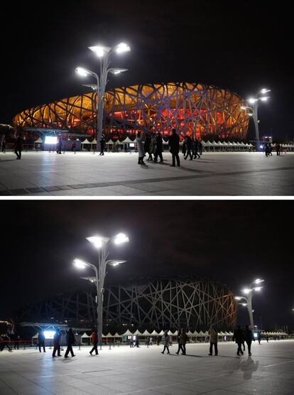 Vista del Estadio Nacional de Pekín (China), antes y después de la Hora del Planeta.