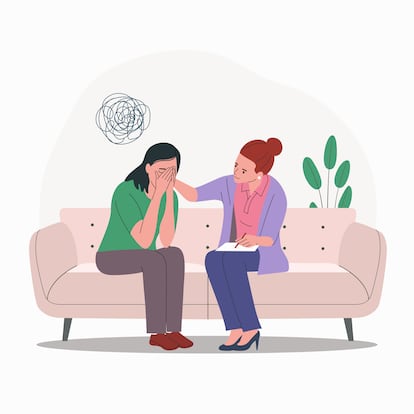 Sad woman sitting with his head in his hands.Psychological support. Doldrums concept. Vector flat cartoon illustration