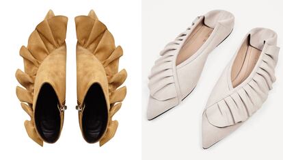 A la izquierda, botines con volantes de J.W. Anderson (768 euros). A la derecha, Zara los convierte en zapato plano por 39,95 euros.