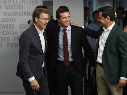 El presidente del PP, Pablo Casado; el presidente de la Xunta, Alberto Nu&ntilde;ez Feijoo during y el presidente e la Junta de Andaluc&iacute;a, Juanma Moreno