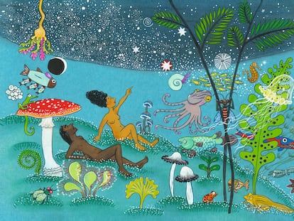 Ilustración de interior del libro 'Una noche en el paraíso', de Jürg Schubiger y Rotraut Susanne Berner, editado por Lóguez.