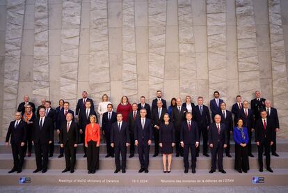 NATO Secretary General Jens Stoltenberg and NATO defence ministers pose for a group photo at the Alliance's headquarters in Brussels, Belgium February 15, 2024.