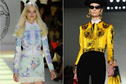 Una de las coloridas propuestas de Versace. A la derecha, un modelo de estilo español de Moschino.