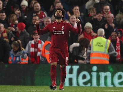 Salah comemora o único gol da partida em Anfield Road.