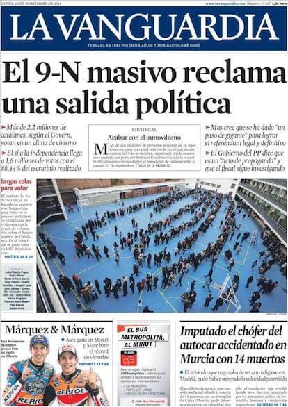 La portada de 'La Vanguardia' destaca un 9-N "masivo".