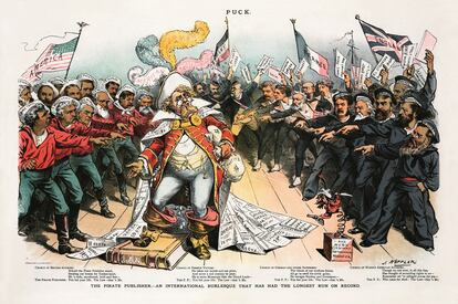'El editor pirata', ilustración de Joseph Keppler de 1886.
