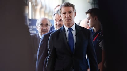 El presidente del PP, Alberto Núñez Feijóo, durante su participación evento organizado durante los cursos de verano del CEU. 