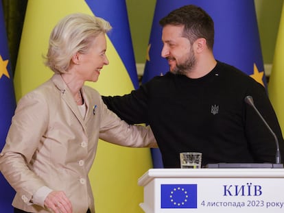 Ukraine's President Volodymyr Zelenskiy and President of the European Commission Ursula von der Leyen react as they address a joint press conference following their meeting in Kyiv.