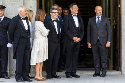 El presidente del Tribunal Constitucional, Cándido Conde-Pumpido, la presidenta del Congreso, Francina Armengol, el ministro Félix Bolaños, el fiscal general del Estado Álvaro García Ortiz y el presidente del Senado, Pedro Rollán, este jueves en la apertura del año judicial.