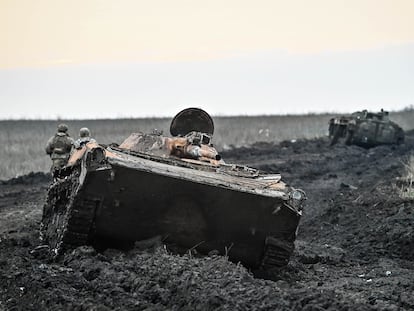 Military equipment destroyed near Robotine, Ukraine's Zaporizhzhia region, in February 2024.