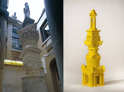 A la derecha, 'Pasteeshio', cerámica de Adam Nathaniel Furman inspirada en la columna 'Pasticcio', de sir John Soane (izquierda). |