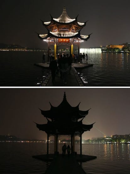 Pabellón para el evento del Día de La Hora del Planeta en el Lago del Oeste en la ciudad de Hangzhou, provincia de Zhejiang de China.