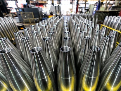 155 mm M795 artillery projectiles are stored during manufacturing process at the Scranton Army Ammunition Plant in Scranton, Pa., Thursday, April 13, 2023. The 155 mm howitzer round is one of the most requested artillery munitions of the Ukraine war.