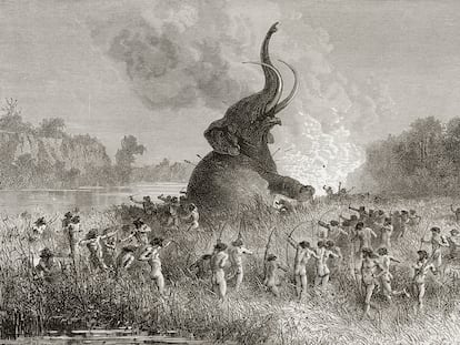 Hombres prehistóricos cazan un mamut en una ilustración de 1896.
