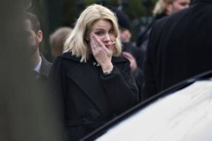 La primera ministra danesa, Helle Thorning-Schmidt, aquest dimecres al funeral d'una de les víctimes dels atemptats de Copenhaguen.