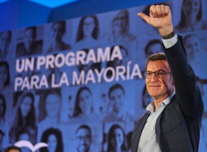 El presidente del PP, Alberto Núñez Feijóo, durante la presentación del programa del partido para las elecciones del 28 de mayo, este domingo en Guadalajara.