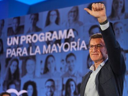 El presidente del PP, Alberto Núñez Feijóo, durante la presentación del programa del partido para las elecciones del 28 de mayo, este domingo en Guadalajara.