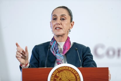 Claudia Sheinbaum habla este miércoles durante una rueda en Palacio Nacional, en Ciudad de México.