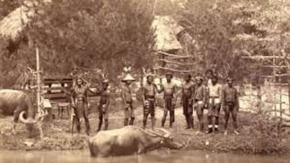 Filipinos exhibidos en el Palacio de Cristal en 1887, para la Exposición General de las Islas Filipinas.