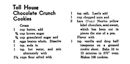 Receta de las galletas originales de Wakefield, Toll House chocolate crunch cookies. 1938