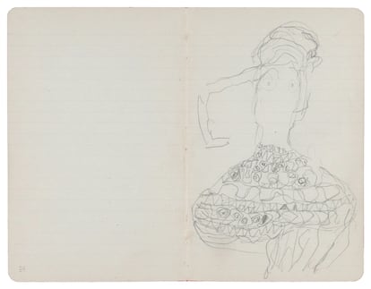 Boceto para la figura derecha con las piernas abiertas y falda en el cuadro ‘La Novia’, del último cuaderno de bocetos de Gustav Klimt, 1917.