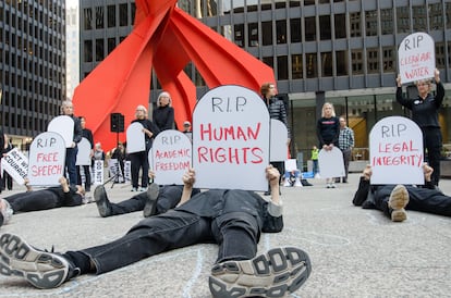 Protesters in Chicago, Illinois, on April 23, 2025.