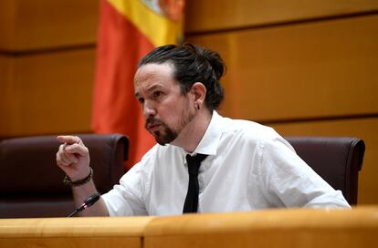 El vicepresidente segundo, Pablo Iglesias, el jueves durante su comparecencia en el Senado.