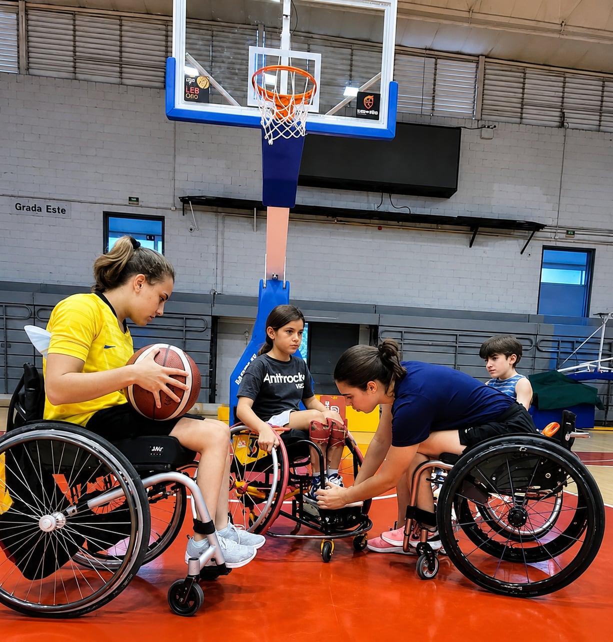 Hay registro del momento en que, con nueve años, Carmen Hernández probó por primera vez un entrenamiento de baloncesto adaptado. En la imagen, Bea Zudaire le ajusta la silla.