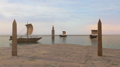 3D Graphic:  A pair of 70-foot obelisks frame Alexandria’s old harbor and its famous lighthouse.