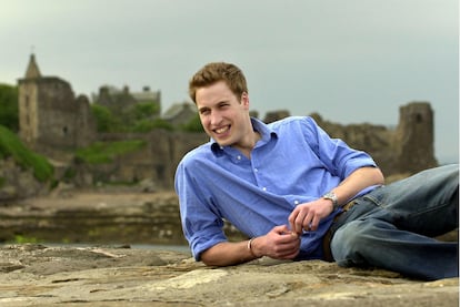 Prince William as a university student, relaxing on the beach on May 28, 2003, in St Andrews, Scotland.