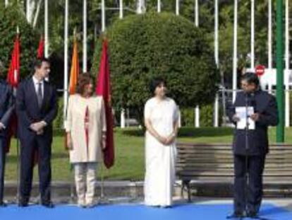 La Reina Sofía, que presidió la inauguración de una escultura de Mahatma Gandhi esta mañana en la Plaza Joan Miró de Madrid.