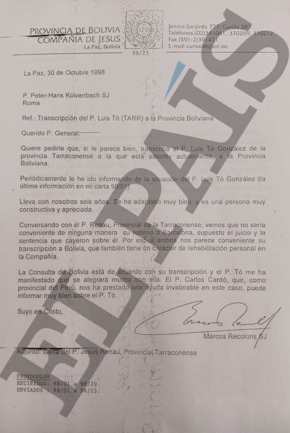 Carta del provincial de Bolivia, Marcos Recolons, al responsable de la orden en Roma.
