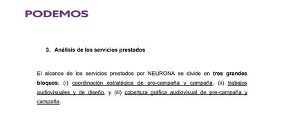 Extracto del informe de Podemos donde se detallan los tres tipos de "servicios prestados" por Neurona.