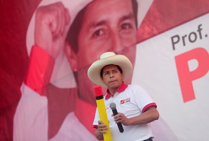 El candidato presidencial Pedro Castillo, en un acto de campaña el pasado martes en Lima, Perú