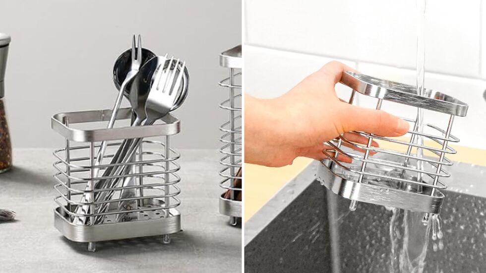 Soporte pequeño de acero inoxidable para guardar cubiertos.