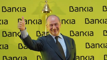 Rodrigo Rato, expresidente de Bankia, el d&iacute;a que empez&oacute; a cotizar en Bolsa la entidad.