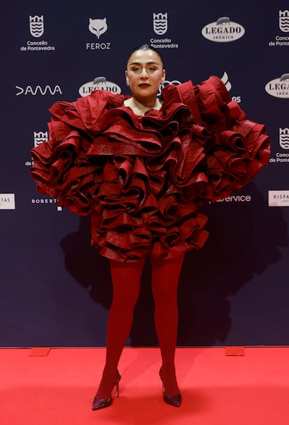 Candela Peña, nominada a mejor actriz protagonista por su papel en 'El caso Asunta', arrojó color y diversión a la alfombra roja con este minivestido de volantes burdeos de Redondo Brand.