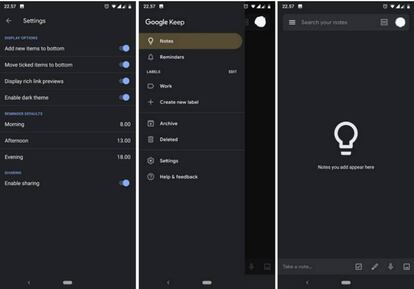 Así luce el modo oscuro de Google Keep.