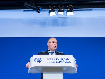 El portavoz del Grupo Popular en el Congreso, Miguel Tellado, el miércoles en una rueda de prensa en Madrid.