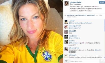 Gisele Bündchen es muy activa en redes sociales. Esta imagen la colgó en Instagram antes de un partido de la selección brasileña