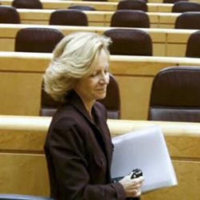 La vicepresidenta segunda y ministra de Economía, Elena Salgado, a su llegada al pleno del Senado en el que se debate hoy el techo de gasto para los Presupuestos de 2010