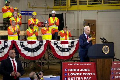 President Joe Biden delivers remarks on his economic agenda at a training center run by Laborers' International Union of North America, Wednesday, Feb. 8, 2023, in Deforest, Wis.