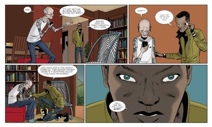 Viñetas del comic 'The private eye', escrito por Brian K. Vaughan y dibujado por Marcos Martín con la colorista Muntsa Vicente. La trama tiene lugar en 2076 tras la "explosión de la nube", un hecho que reveló los secretos de todo el mundo.