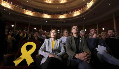 Carme Forcadell, Raül Romeva, Gabriel Rufián, i Albano Dante Fachin  durant l'acte de campanya d'ERC a Sabadell.