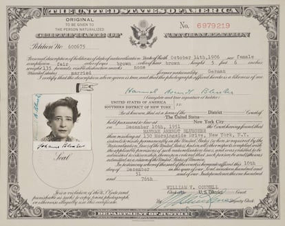 Certificado de ciudadanía estadounidense de Arendt (1951). 