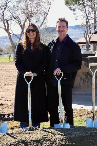 Sibi Blazic and Christian Bale breaking ground in Palmdale, California, on February 7, 2024.