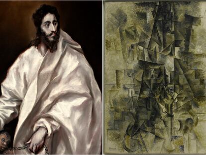 A la izquierda, San Bartolomé', (1610-1614), el Greco, Toledo, Museo del Greco. Cortesía del Museo del Prado. A la derecha, 'Acordeonista' (1911), de Pablo Picasso, Nueva York, Solomon R. Guggenheim Museum. '