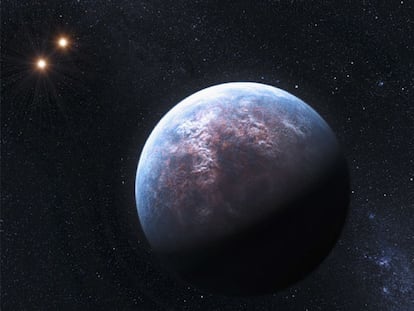 Recreación de un exoplaneta y la doble estrella sobre la que gira.