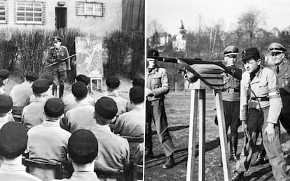 Recibiendo entrenamiento militar en 1943. A la izquierda, instrucción por parte de un sargento de la Wehrmacht; a la derecha, una práctica de tiro. 
